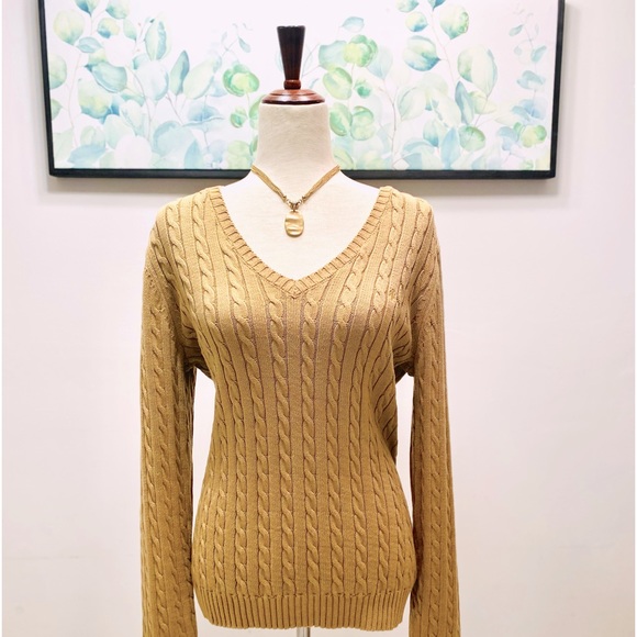 🐎 Lauren Ralph Lauren Long-sleeve Cableknit V-neck Sweater, Size L, Tan (NWT) - Picture 3 of 6